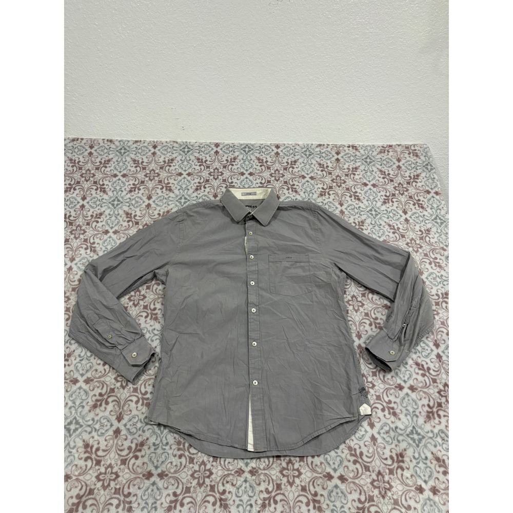 Express Mens Fitted Gray Long Sleeve Button Down Shirt Size M 15-15.5 Lion Logo